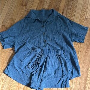 SHEIN Blue Gauzy Button Down & Shorts Matching Set